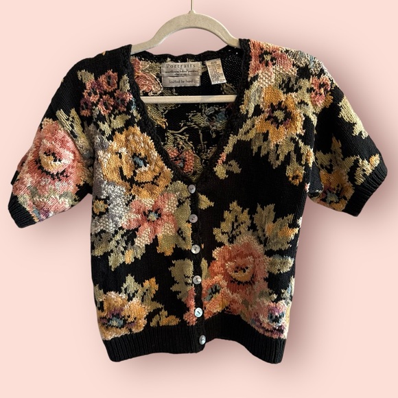 Vintage Sweaters - Vintage Floral Hand Knit Cottagecore Sweater
